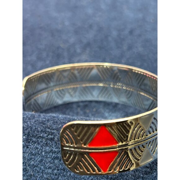 Silver tone & Red Enamel Geometric Design Cuff Bracelet Paparazzi Hidden Glyphs - Picture 8 of 8